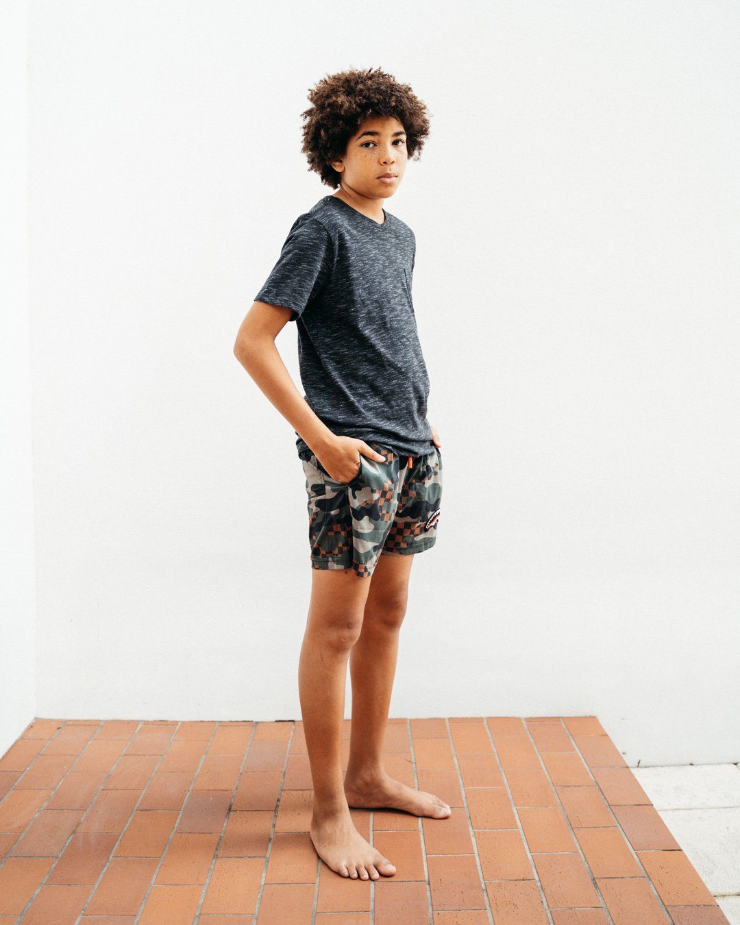 KIDS CAMO CHECKERED SWIM TRUNKS